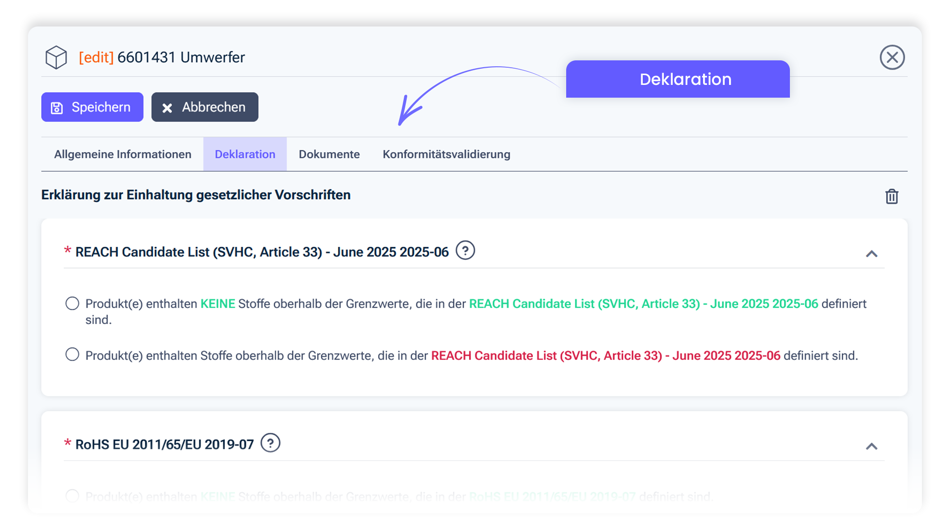 Screenshot Substantio Software Material Declaration